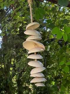 a wind chime hanging from a tree in the woods