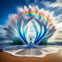 a woman standing on the beach with her arms spread out in front of an ocean wave