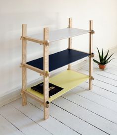 a shelf made out of wood with two different colored shelves on each side and a potted plant in the corner