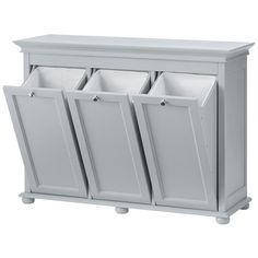 a white cabinet with three bins on top