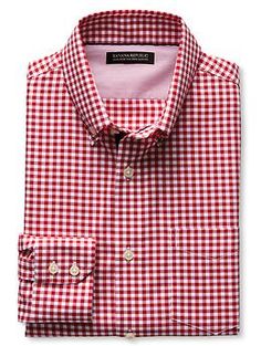 Tailored Slim-Fit Non-Iron Royal Gingham Oxford Plaid Button-up Dress Shirt For Work, Classic Gingham Dress Shirt For Work, Button Down Collar, Chest Pocket, Gingham, Banana Republic, Oxford, Slim Fit, Technology