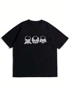 Elevate your summer style with our Men's Skull Print Black Short Sleeve T-Shirt. Made with a high-quality cotton blend, this shirt features a unique skull print design that adds a touch of edginess to any outfit. Perfect for a casual and cool look, this t-shirt will make you stand out from the crowd. Color : Black Style : Casual Pattern Type : Halloween Neckline : Round Neck Sleeve Length : Short Sleeve Sleeve Type : Regular Sleeve, Drop Shoulder Length : Regular Fit Type : Loose Fabric : Slight Short Shirt, Loose Fabric, Skull Print, Black Style, Unisex Style, Classic Shirt, Shoulder Length, Black Shorts, Sleeve Type