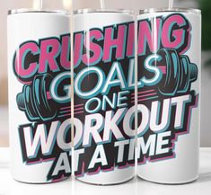 two mugs with the words crushing goals one workout at a time