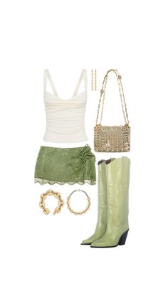 Coachella 2024 festival sequin gold green outfit inspo western cowboy inspiration Outfit Inspo Western, Png Outfits, Coachella Vibes, Mardi Gras Outfits, Sequin Outfit, Green Sequins, Green Outfit, Gold Sequins