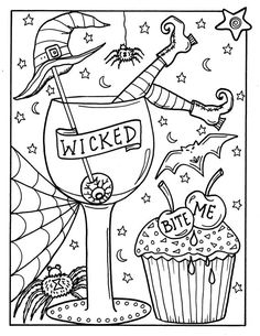 halloween coloring pages with witches and cupcakes for kids to color on the page