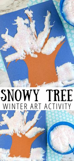 snow tree winter art activity for kids to make with paper and scissors on the table