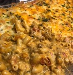 a cheesy pasta dish with meat and cheese on it is ready to be eaten