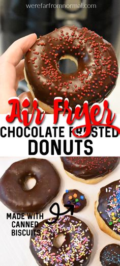 chocolate frosted donuts with sprinkles on them and the words air fryer chocolate frosted donuts