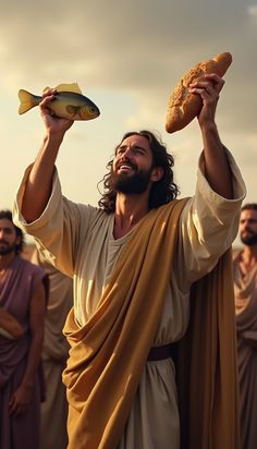 jesus holding up a fish and bread in front of his head while other men stand behind him