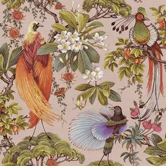 a wallpaper with birds and flowers on it