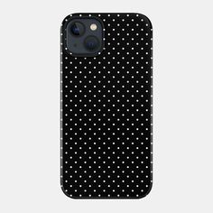 a black and white iphone case with polka dots on the front, showing the back side