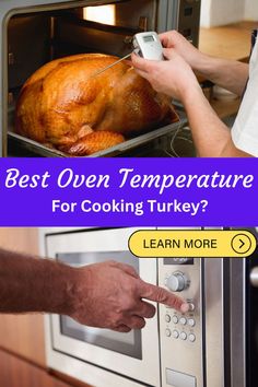 a turkey being cooked in an oven with the words best oven temperature for cooking turkey?