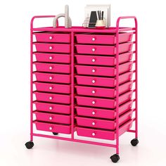 Do you want to have a storage cart which can be rolled smoothly from one place to another? Our 20-drawer rolling storage cart which will provide enough storage space for you.It is great for paper, tools, accessories, crafting, scrap booking or home office, help you to organize and make your tools in order.Constructed of industrial-strength metal tubes and finished in chrome, the cart is sturdy toserve you for a long time. Equipped with easy-to-grab handles and 4 universal wheels, it is easy to m Classroom Cart, Hot Pink Office, Craft Organizer, Rolling Storage Cart, Pink Office, Studio Organization, Rolling Storage, Rolling Cart, Utility Cart