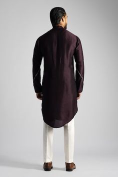 Plum kurta featuring embroidered two tone sequin cross motifs across front panels. Comes with pant. - Aza Fashions Cotton Kurta With Embroidery For Diwali, Men Kurta, Kurta With Pants, Embroidered Silk, Mandarin Collar, Aza Fashion, Mens Pants, Two Tone, Plum