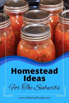 some jars filled with food sitting on top of a counter next to a blue and white sign