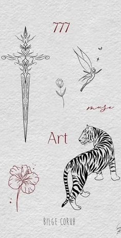 the tiger is standing in front of some flowers and other things that are drawn on paper