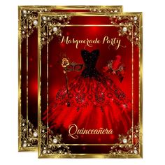 a red and gold quinceaue masquerade party card with an image of a dress on it