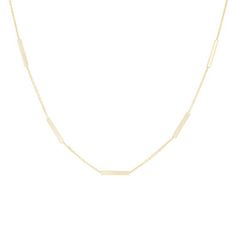 A delicate piece perfect for every day wear, this 14 karat gold station necklace measures 16 inches long. The adjustable clasp can be worn at various lengths. 14k Yellow Gold Bar Necklace With Delicate Chain, Dainty 14k Gold Necklace With Rectangular Links, 14k Gold Single Strand Chain Necklace In Yellow Gold, 14k Yellow Gold Single Strand Chain Necklace, Classic Single Strand Yellow Gold Chain Necklace, Modern 14k Yellow Gold Bar Necklace, Classic Station Necklace For Formal Occasions, Classic Formal Station Necklace, Gold Dainty Bar Necklace With Cable Chain