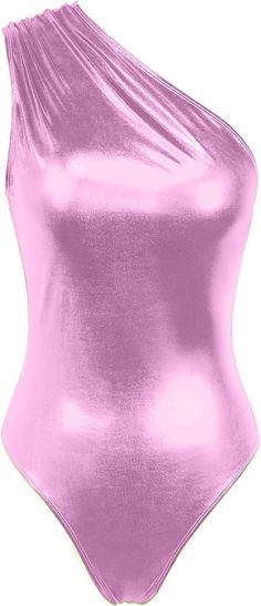 a woman wearing a shiny pink bodysuit