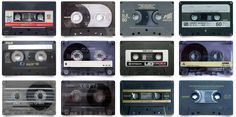 nine old cassette tapes are arranged in rows, each with different labels and numbers on them