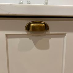 a close up of a door handle on a white cabinet