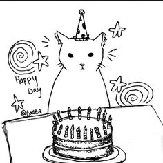 a black and white drawing of a cat wearing a party hat sitting in front of a birthday cake