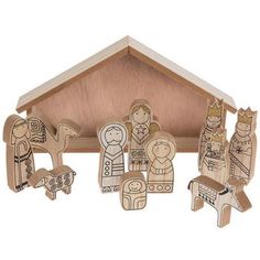 wooden nativity scene with figurines in the manger