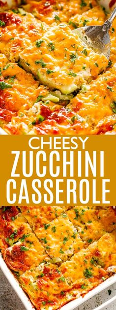 cheesy zucchini casserole in a white dish with a serving spoon