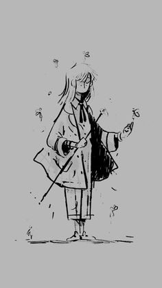 a black and white drawing of a woman in a coat holding an umbrella with her hand