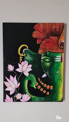 a painting on a wall with flowers in the foreground and a green vase behind it