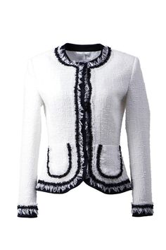 White tweed jacket with contrasting trim | A must-have for every wardrobe, this white tweed jacket is refined with contrasting trim and hand-decorated embroidery detailing for a ladylike finish. Enjoy free worldwide shipping! Autumn Outfits Women, White Tweed Jacket, Tweed Jackets, Embroidery Detailing, Contrasting Trim, Autumn Outfits, Woman Fashion, Sewing Project