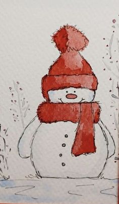 a drawing of a snowman wearing a red hat and scarf