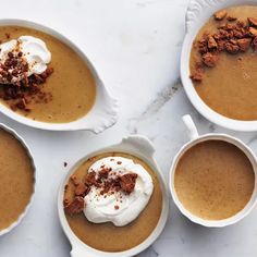 three bowls filled with different types of desserts on top of a white countertop