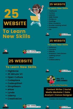 a poster with the words 25 website to learn new skills