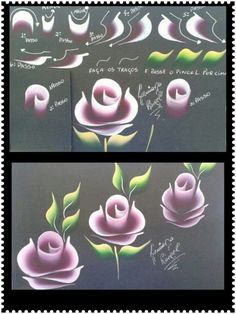 two pictures of pink roses with green leaves on the top and bottom, one is drawn in