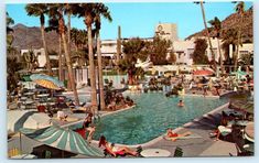 an old postcard shows people relaxing in the swimming pool at palm springs, california