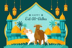 happy eid al - adha greeting card with two sheep in front of mosque