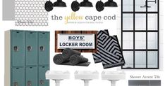 the yellow caped room is filled with black and white accessories, including towels, rugs, lockers, and lights