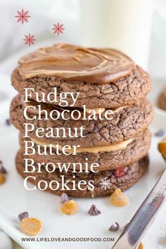 chocolate peanut butter brownie cookies stacked on top of each other with the words, fudge