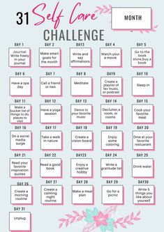 health 31 Days Of Mental Wellness Challenge, 31 Day Wellness Challenge, 31 Day Self Care Challenge, 31 Days Of Self Care, May Self Care Challenge, How To Improve Mental Health, May Self Care, Mental Health Activity Ideas, Self Care Challenges