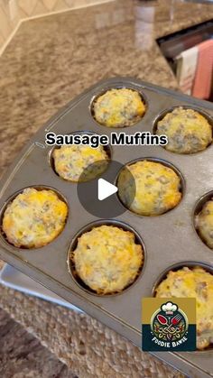 a muffin tin filled with breakfast food on top of a counter