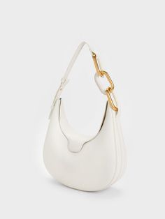 White Kora Metallic-Accent Moon Bag Charles And Keith Bags White, White Bag Outfit, Charles Keith Bags, Charles And Keith Bags, Women Hand Bags, Purse Aesthetic, Expensive Bag, Moon Bag, White Shoulder Bag