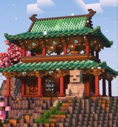 an image of a building made out of legos in minecraft with trees and flowers