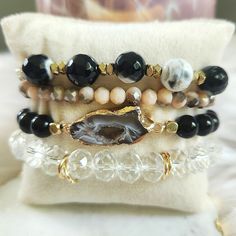 Ryze Natural Stone Geode, Black/White Agate, And Gold Beaded Staxx Bracelets New With Tags! Stretchy, One Size Fits Most! Set Of 4 Bracelets. White Agate, Bracelets And Charms, Gold Beads, Diy Bracelets, Business Ideas, Womens Jewelry Bracelets, Bracelet Set, Fashion Watches, Natural Stone