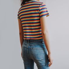 Stretchy ribbed crop top with colorful stripes.S: 13" across shoulders, 27.5" chest, 17" lengthM: 13.5" across shoulders, 29" chest, 17.5" lengthL: 14" across shoulders, 30.5" chest, 18" length