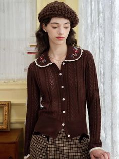 Shay Peter Pan Collar Embroidered Contrast Cutout Cardigan – Simple Retro Fitted Brown Collared Sweater, Fitted Long Sleeve Cardigan With Floral Embroidery, Embroidered Collared Winter Tops, Fitted Winter Sweater With Floral Embroidery, Fitted Long Sleeve Sweater With Floral Embroidery, Retro Long Sleeve Cardigan, Trendy Fitted Brown Cardigan, Brown Stretch Cardigan, Fitted Embroidered Sweater For Fall