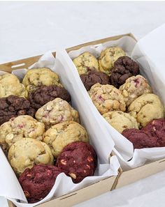 two boxes filled with different types of cookies