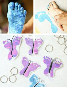 the process for making butterfly fingerprints is shown in three different pictures and then finished with scissors