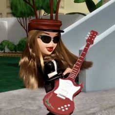 a girl with sunglasses and a hat holding a guitar