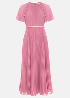 Pleated Material Dress, Wedding Guest Dress Pink, Plain Midi Dress, Gala Outfits, Midi Dres, Fluted Sleeves, Met Gala Outfits, Mom Ideas